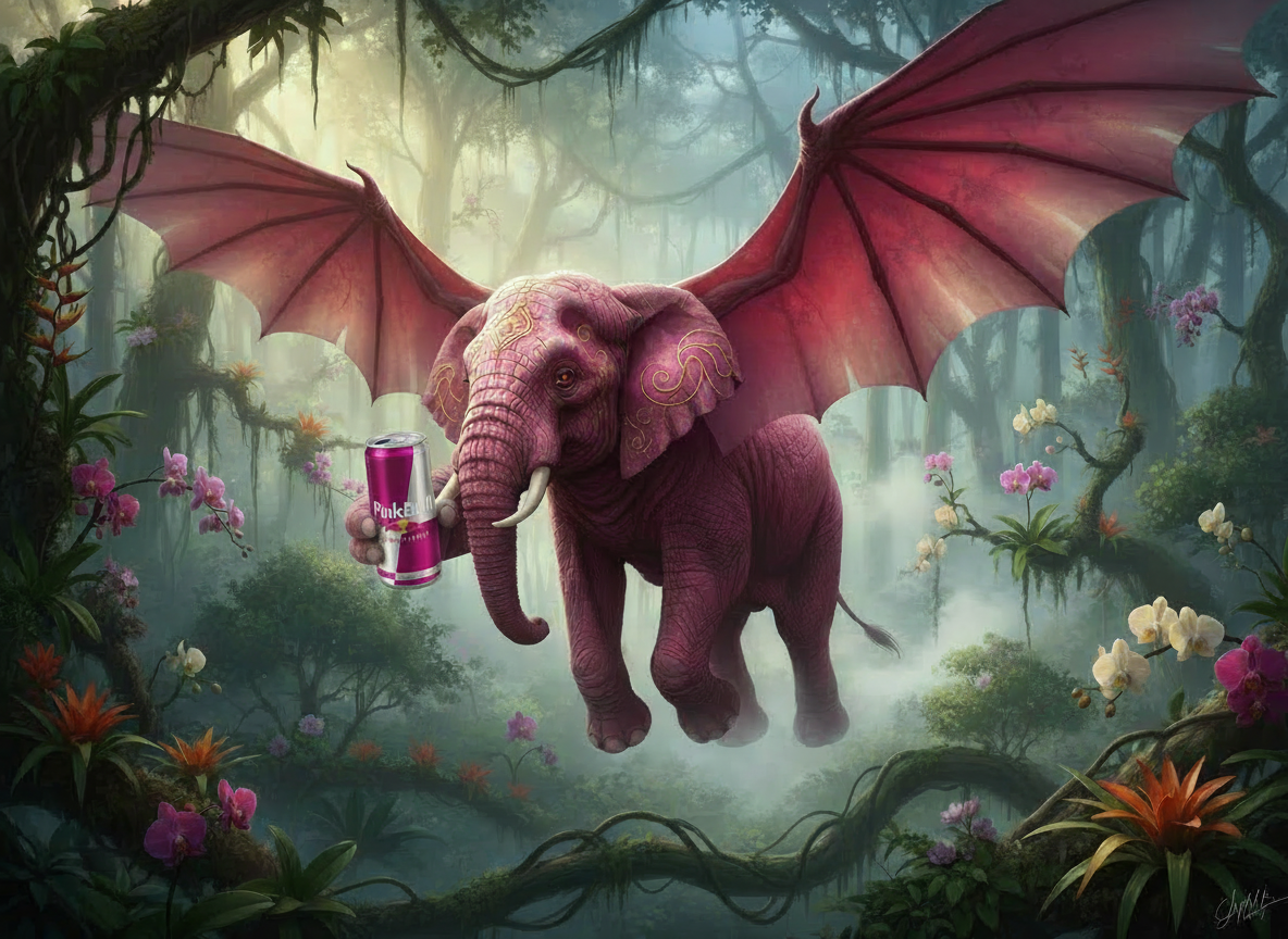 L'elefante volante rosa del Guatemala mentre svolazza